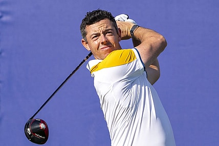 September 26, 2023; Rome, ITALY; Team Europe golfer Rory McIlroy hits his tee shot on the first hole during a practice round of the Ryder Cup golf competition at Marco Simone Golf and Country Club. Mandatory Credit: Kyle Terada-USA TODAY Sports