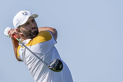 September 26, 2023; Rome, ITALY; Team Europe golfer Jon Rahm hits his tee shot on the third hole during a practice round of the Ryder Cup golf competition at Marco Simone Golf and Country Club. Mandatory Credit: Kyle Terada-USA TODAY Sports