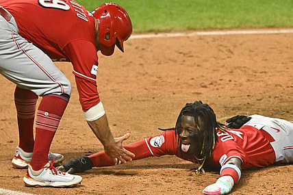 Sep 26, 2023; Cleveland, Ohio, USA; Cincinnati Reds shortstop Elly De La Cruz (44) reacts after scoring in the fifth inning against the Cleveland Guardians at Progressive Field. Mandatory Credit: David Richard-USA TODAY Sports