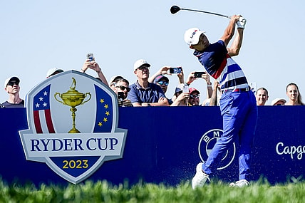 Sep 27, 2023; Rome, ITA; Team USA golfer Collin Morikawa tees off on the third hole during a practice day for the Ryder Cup golf competition at Marco Simone Golf and Country Club. Mandatory Credit: Adam Cairns-USA TODAY Sports