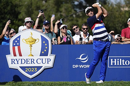 Sep 27, 2023; Rome, ITA; Team USA golfer Scottie Scheffler tees off on six during a practice day for the Ryder Cup golf competition at Marco Simone Golf and Country Club. Mandatory Credit: Adam Cairns-USA TODAY Sports