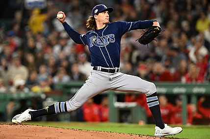 cSep 27, 2023; Boston, Massachusetts, USA; Tampa Bay Rays starting pitcher Tyler Glasnow (20) pitches against the Boston Red Sox during the third inning at Fenway Park. Mandatory Credit: Brian Fluharty-USA TODAY Sports