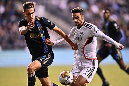 Sep 27, 2023; Philadelphia, Pennsylvania, USA; FC Dallas forward Jesus Jimenez (9) kicks the ball against Philadelphia Union defender Jack Elliott (3) during the first half at Subaru Park. Mandatory Credit: Kyle Ross-USA TODAY Sports