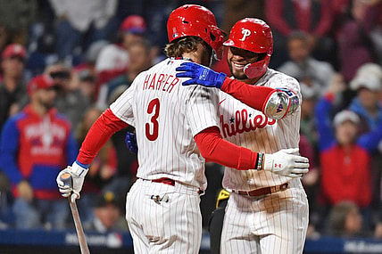 Sep 27, 2023; Philadelphia, Pennsylvania, USA; Philadelphia Phillies third baseman Edmundo Sosa (33) celebrates his home run with designated hitter Bryce Harper (3) during the fifth inning against the Pittsburgh Pirates at Citizens Bank Park. Mandatory Credit: Eric Hartline-USA TODAY Sports