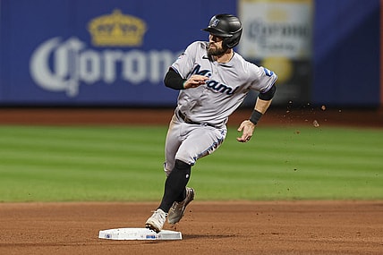 Sep 27, 2023; New York, NY, USA;  Miami Marlins shortstop Jon Berti (5) rounds second base during a single by first baseman Josh Bell (not pictured) during the fifth inning against the New York Mets at Citi Field.  Mandatory Credit: Vincent Carchietta-USA TODAY Sports