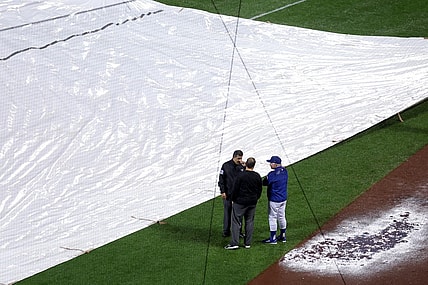 Sep 28, 2023; New York City, New York, USA; New York Mets manager Buck Showalter (11) talks to officials during a rain delay during the ninth inning against the Miami Marlins at Citi Field. Mandatory Credit: Brad Penner-USA TODAY Sports