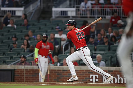 Sep 29, 2023; Atlanta, Georgia, USA; Atlanta Braves first baseman Matt Olson (28) hits a RBI single against the Washington Nationals in the first inning at Truist Park. Mandatory Credit: Brett Davis-USA TODAY Sports