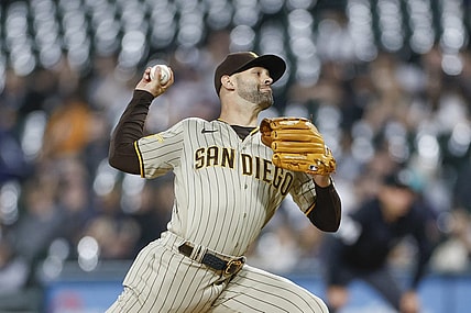 Sep 29, 2023; Chicago, Illinois, USA; San Diego Padres starting pitcher Nick Martinez (21) delivers a pitch against the Chicago White Sox during the first inning at Guaranteed Rate Field. Mandatory Credit: Kamil Krzaczynski-USA TODAY Sports