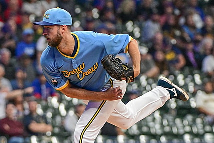 Sep 29, 2023; Milwaukee, Wisconsin, USA; Milwaukee Brewers pitcher Colin Rea (48) pitches against the Chicago Cubs in the first inning at American Family Field. Mandatory Credit: Benny Sieu-USA TODAY Sports