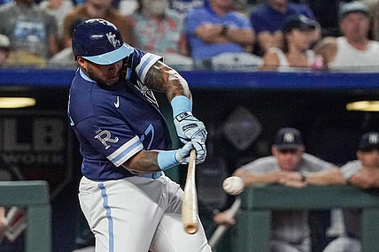 Sep 29, 2023; Kansas City, Missouri, USA; Kansas City Royals right fielder Nelson Velazquez (17) singles against the New York Yankees in the first inning at Kauffman Stadium. Mandatory Credit: Denny Medley-USA TODAY Sports