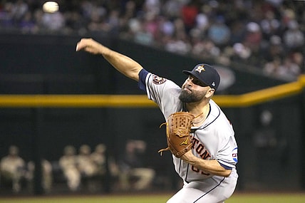 Sep 29, 2023; Phoenix, Arizona, USA; Houston Astros starting pitcher Jose Urquidy (65) throws against the Arizona Diamondbacks in the first inning at Chase Field. Mandatory Credit: Rick Scuteri-USA TODAY Sports