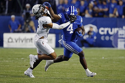 Sep 29, 2023; Provo, Utah, USA; Cincinnati Bearcats safety Deshawn Pace (3) covers Brigham Young Cougars running back Miles Davis (4) in the first half at LaVell Edwards Stadium. Mandatory Credit: Jeff Swinger-USA TODAY Sports