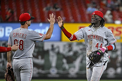 Sep 29, 2023; St. Louis, Missouri, USA;  Cincinnati Reds shortstop Elly De La Cruz (44) and relief pitcher Carson Spiers (68) celebrate after the Reds defeated the St. Louis Cardinals at Busch Stadium. Mandatory Credit: Jeff Curry-USA TODAY Sports