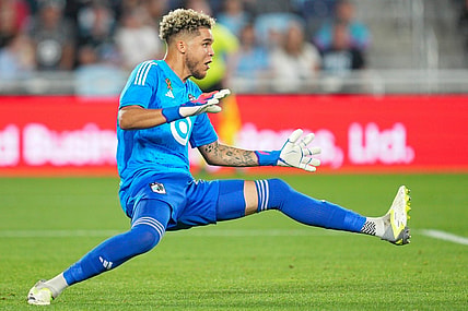 Sep 30, 2023; Saint Paul, Minnesota, USA; Minnesota United goalkeeper Dayne St. Clair (97) dives against the San Jose Earthquakes in the first half at Allianz Field. Mandatory Credit: Matt Blewett-USA TODAY Sports