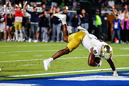 Sep 30, 2023; Durham, North Carolina, USA; Notre Dame Fighting Irish running back Audric Estime (7) makes a touchdown during the first half of the game against Duke Blue Devils at Wallace Wade Stadium. Mandatory Credit: Jaylynn Nash-USA TODAY Sports
