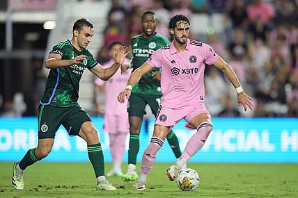 Sep 30, 2023; Fort Lauderdale, Florida, USA; Inter Miami CF forward Leonardo Campana (9) controls the ball while defended by New York City FC midfielder James Sands (6) during the second half at DRV PNK Stadium. Mandatory Credit: Sam Navarro-USA TODAY Sports