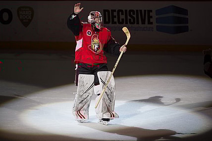 Feb 18, 2020; Ottawa, Ontario, CAN; Ottawa Senators goalie Craig Anderson (41) is named the third start after in game against the Buffalo Sabres at the Canadian Tire Centre. Mandatory Credit: Marc DesRosiers-USA TODAY Sports