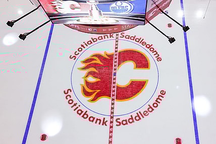 May 18, 2022; Calgary, Alberta, CAN; General view of the Calgary Flames logo on the ice prior to the game between the Calgary Flames and the Edmonton Oilers in game one of the second round of the 2022 Stanley Cup Playoffs at Scotiabank Saddledome. Mandatory Credit: Sergei Belski-USA TODAY Sports