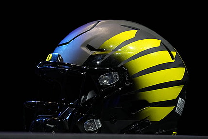 Jul 29, 2022; Los Angeles, CA, USA; An Oregon Ducks helmet on display during Pac-12 Media Day at Novo Theater. Mandatory Credit: Kirby Lee-USA TODAY Sports