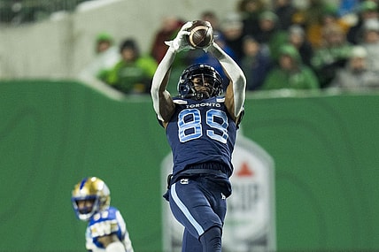 Nov 20, 2022; Regina, Saskatchewan, CAN; Toronto Argonauts receiver Cam Phillips (89) makes a reception against the Winnipeg Blue Bombers in the second half. The Argonauts defeated the Blue Bombers to win the 2022 Grey Cup Championship at Mosaic Stadium. Toronto won 24-23. Mandatory Credit: Bob Frid-USA TODAY Sports