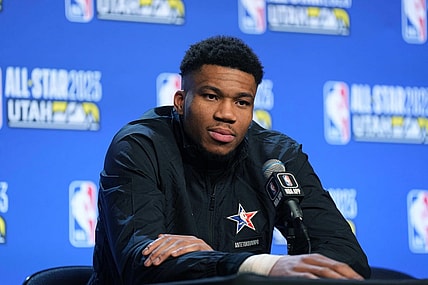Feb 19, 2023; Salt Lake City, UT, USA; Milwaukee Bucks forward Giannis Antetokounmpo at press conference at the 2023 NBA All-Star Game at Vivint Arena. Mandatory Credit: Kirby Lee-USA TODAY Sports