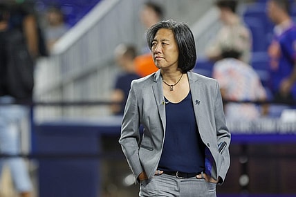 Mar 30, 2023; Miami, Florida, USA; Miami Marlins general manager Kim Ng looks on from the field prior to the game against the New York Mets at loanDepot Park. Mandatory Credit: Sam Navarro-USA TODAY Sports