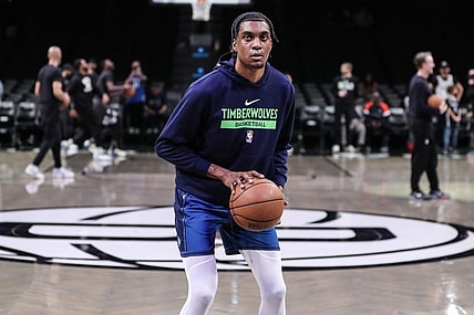 Apr 4, 2023; Brooklyn, New York, USA;  Minnesota Timberwolves forward Jaden McDaniels (3) warms up prior to the game against the Brooklyn Nets at Barclays Center. Mandatory Credit: Wendell Cruz-USA TODAY Sports