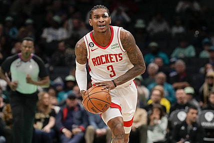 Apr 7, 2023; Charlotte, North Carolina, USA; Houston Rockets guard Kevin Porter Jr. (3) brings the ball up court during the first quarter against the Charlotte Hornets at the Spectrum Center. Mandatory Credit: Jim Dedmon-USA TODAY Sports