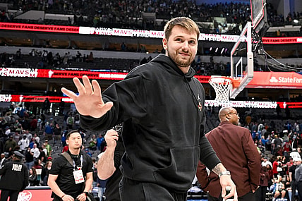 Apr 7, 2023; Dallas, Texas, USA; Dallas Mavericks guard Luka Doncic (77) waves to the crowd as he walks off the court after the Mavericks loss to the Chicago Bulls at the American Airlines Center. Mandatory Credit: Jerome Miron-USA TODAY Sports