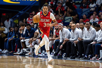 Apr 7, 2023; New Orleans, Louisiana, USA;  New Orleans Pelicans guard CJ McCollum (3) brings the ball up court against the New York Knicks during the second half at Smoothie King Center. Mandatory Credit: Stephen Lew-USA TODAY Sports