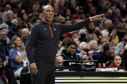 Apr 9, 2023; Portland, Oregon, USA; Portland Trail Blazers head coach Chauncey Billups gives direction to his team during the first half against the Golden State Warriors at Moda Center. Mandatory Credit: Soobum Im-USA TODAY Sports
