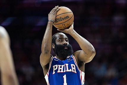 May 11, 2023; Philadelphia, Pennsylvania, USA; Philadelphia 76ers guard James Harden (1) shoots against the Boston Celtics during the first quarter in game six of the 2023 NBA playoffs at Wells Fargo Center. Mandatory Credit: Bill Streicher-USA TODAY Sports