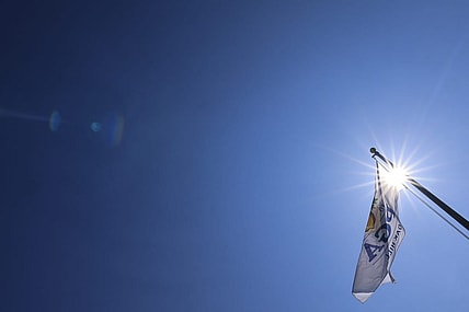 May 17, 2023; Rochester, New York, USA; The tournament logo is seen on a flag during a practice round of the PGA Championship golf tournament at Oak Hill Country Club. Mandatory Credit: Aaron Doster-USA TODAY Sports