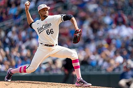 May 14, 2023; Minneapolis, Minnesota, USA; Minnesota Twins relief pitcher Jorge Alcala (66) closes the game in the ninth against the Chicago Cubs at Target Field. Mandatory Credit: Matt Blewett-USA TODAY Sports