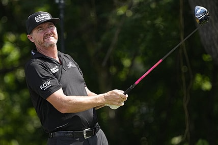 May 26, 2023; Fort Worth, Texas, USA; Jimmy Walker watches his shot from the sixth tee during the second round of the Charles Schwab Challenge golf tournament. Mandatory Credit: Jim Cowsert-USA TODAY Sports