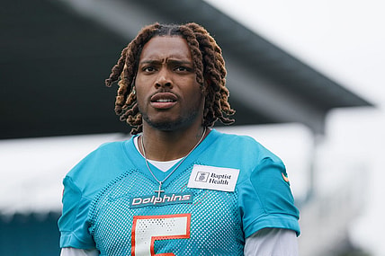 Jun 6, 2023; Miami Gardens, FL, USA; Miami Dolphins cornerback Jalen Ramsey (5) looks on during mandatory minicamp at the Baptist Health Training Complex. Mandatory Credit: Sam Navarro-USA TODAY Sports