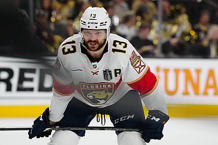 Jun 13, 2023; Las Vegas, Nevada, USA; Florida Panthers forward Sam Reinhart (13) awaits the faceoff against the Vegas Golden Knights during the third period in game five of the 2023 Stanley Cup Final at T-Mobile Arena. Mandatory Credit: Stephen R. Sylvanie-USA TODAY Sports