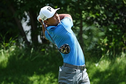Jul 28, 2023; Blaine, Minnesota, USA; Justin Suh hits his tee shot on the sixth hole during the second round of the 3M Open golf tournament. Mandatory Credit: Matt Krohn-USA TODAY Sports