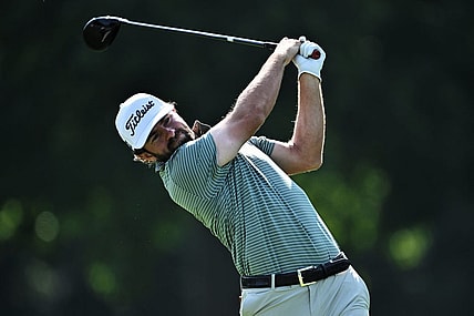 Aug 18, 2023; Olympia Fields, Illinois, USA; Cameron Young tees off from the 7th tee during the second round of the BMW Championship golf tournament. Mandatory Credit: Jamie Sabau-USA TODAY Sports