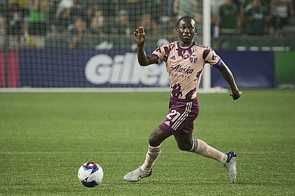 Aug 26, 2023; Portland, Oregon, USA; Portland Timbers midfielder Diego Chara (21) controls the ball during the second half against the Vancouver Whitecaps at Providence Park. Mandatory Credit: Troy Wayrynen-USA TODAY Sports