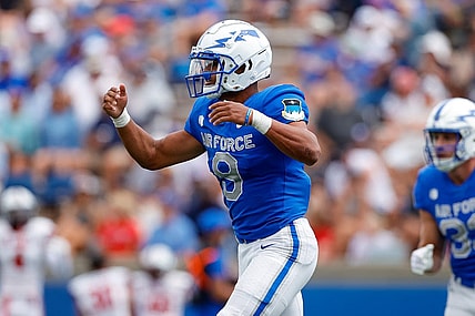 Sep 2, 2023; Colorado Springs, Colorado, USA; Air Force Falcons quarterback Zac Larrier (9) celebrates after scoring a touchdown in the third quarter against the Robert Morris Colonials at Falcon Stadium. Mandatory Credit: Isaiah J. Downing-USA TODAY Sports