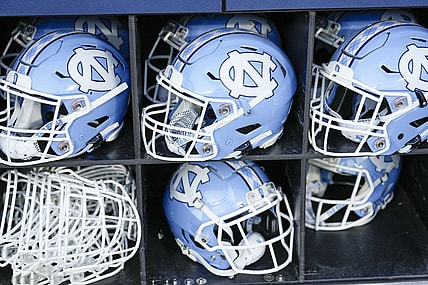 Sep 2, 2023; Charlotte, North Carolina, USA; North Carolina Tar Heels helmets during the first quarter against the South Carolina Gamecocks at Bank of America Stadium. Mandatory Credit: Jim Dedmon-USA TODAY Sports