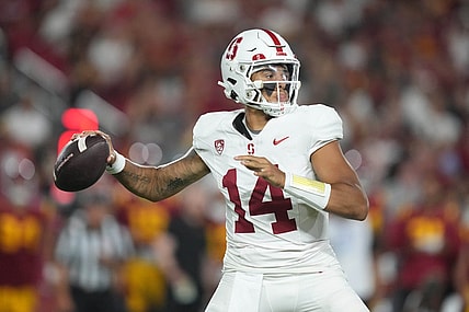 Sep 9, 2023; Los Angeles, California, USA; Stanford Cardinal quarterback Ashton Daniels (14) throws the ball against the Southern California Trojans in the first half at United Airlines Field at Los Angeles Memorial Coliseum. Mandatory Credit: Kirby Lee-USA TODAY Sports