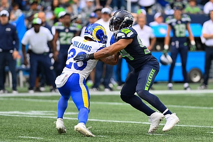 Sep 10, 2023; Seattle, Washington, USA; Los Angeles Rams running back Kyren Williams (23) blocks Seattle Seahawks linebacker Bobby Wagner (54) during the second half at Lumen Field. Mandatory Credit: Steven Bisig-USA TODAY Sports