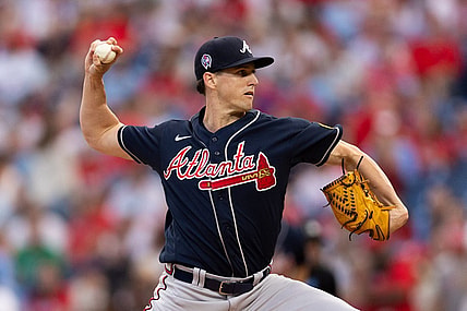 Sep 11, 2023; Philadelphia, Pennsylvania, USA; Atlanta Braves starting pitcher Kyle Wright (30) throws a pitch during the first inning against the Philadelphia Phillies at Citizens Bank Park. Mandatory Credit: Bill Streicher-USA TODAY Sports