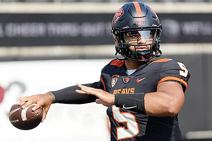 Sep 16, 2023; Corvallis, Oregon, USA; Oregon State Beavers quarterback DJ Uiagalelei (5) warms up before the game against the San Diego State Aztecs at Reser Stadium. Mandatory Credit: Soobum Im-USA TODAY Sports