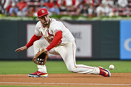 Sep 16, 2023; St. Louis, Missouri, USA;  St. Louis Cardinals third baseman Nolan Arenado (28) fields a ground ball against the Philadelphia Phillies during the fifth inning at Busch Stadium. Mandatory Credit: Jeff Curry-USA TODAY Sports