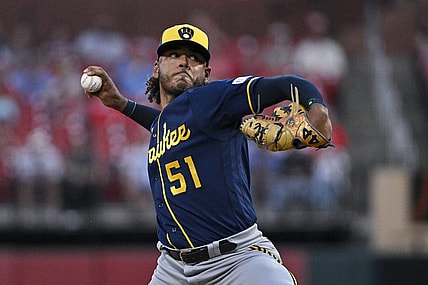Sep 18, 2023; St. Louis, Missouri, USA;  Milwaukee Brewers starting pitcher Freddy Peralta (51) pitches against the St. Louis Cardinals during the first inning at Busch Stadium. Mandatory Credit: Jeff Curry-USA TODAY Sports