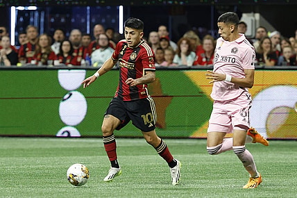 Sep 16, 2023; Atlanta, Georgia, USA; Atlanta United FC midfielder Thiago Almada (10) dribbles the ball as Inter Miami CF defender Tomas Aviles (6) defends at Mercedes-Benz Stadium. Mandatory Credit: Geoff Burke-USA TODAY Sports