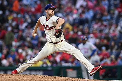 Sep 23, 2023; Philadelphia, Pennsylvania, USA;  Philadelphia Phillies starting pitcher Zack Wheeler (45) pitches in the seventh inning against the New York Mets at Citizens Bank Park. Philadelphia won 7-5. Mandatory Credit: John Geliebter-USA TODAY Sports